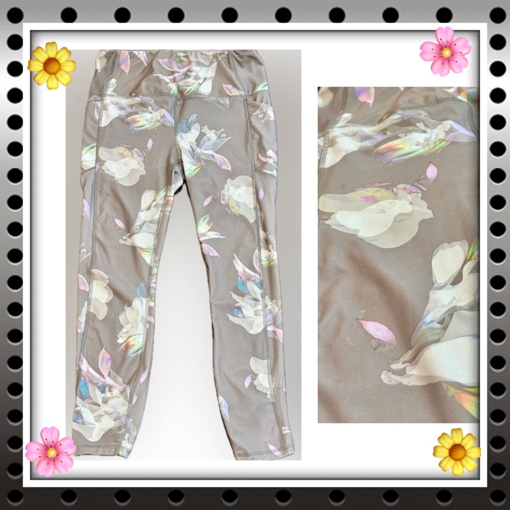 Women’s RBX leggings - beige w/ floral design - thigh pockets - size Large